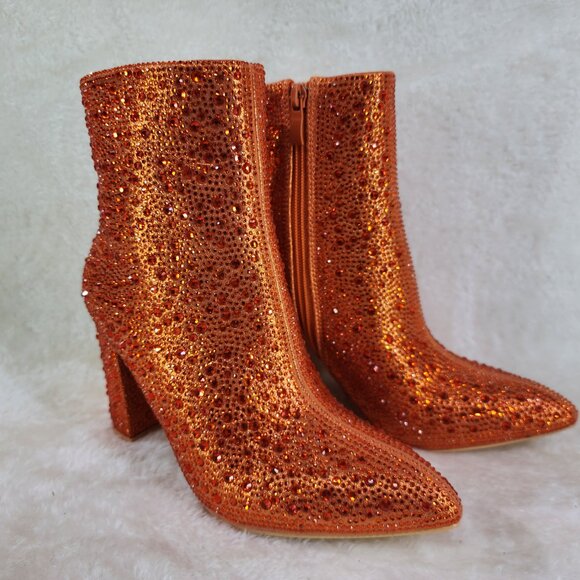 RESTOCKED! Metallic Orange Rhinestone Ankle Boots with 3" Block Heel - Picture 5 of 8